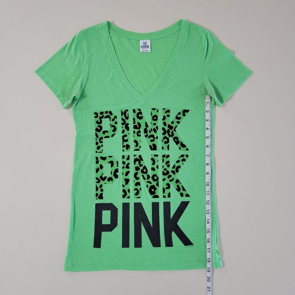 PINK Victoria's Secret Green V-neck Graphic Short Sleeve T-shirt - Picture 5 of 11